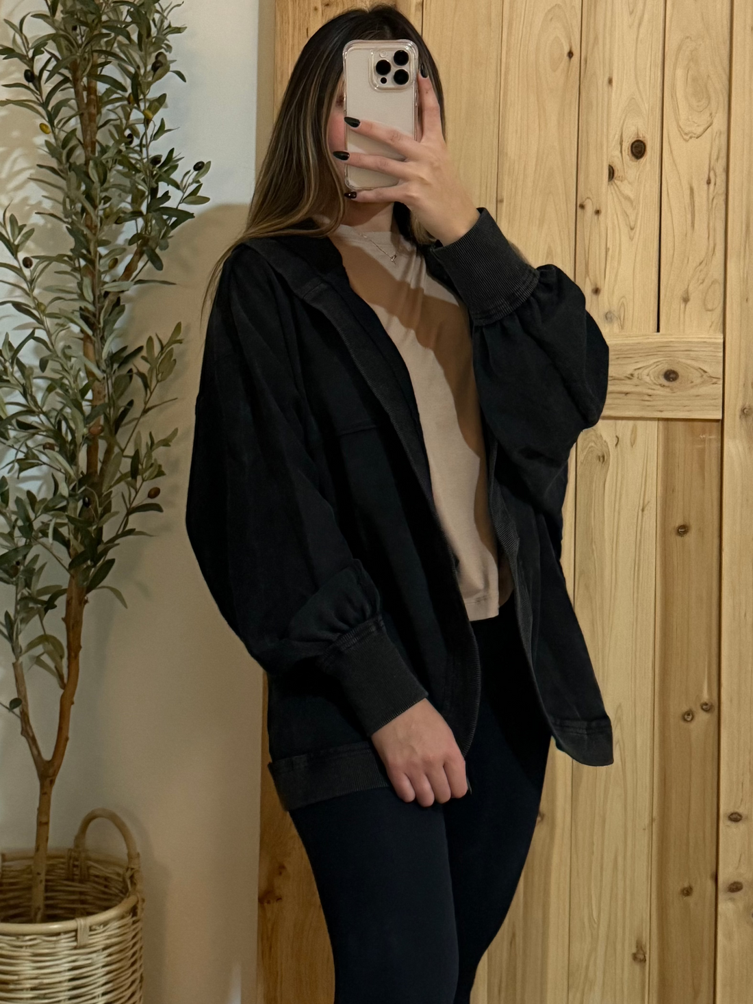 Washed Hoodie Cardigan / Black