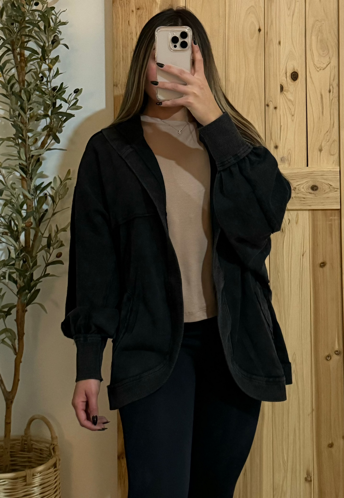Washed Hoodie Cardigan / Black