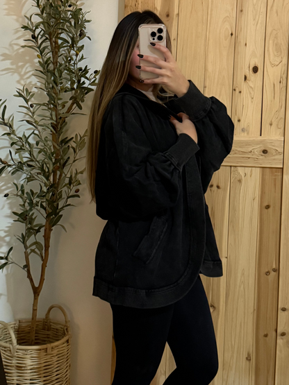 Washed Hoodie Cardigan / Black