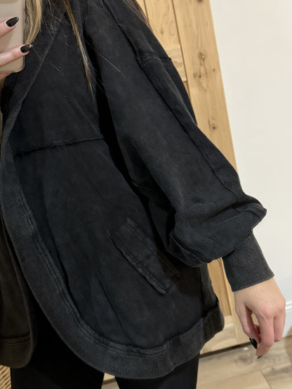 Washed Hoodie Cardigan / Black
