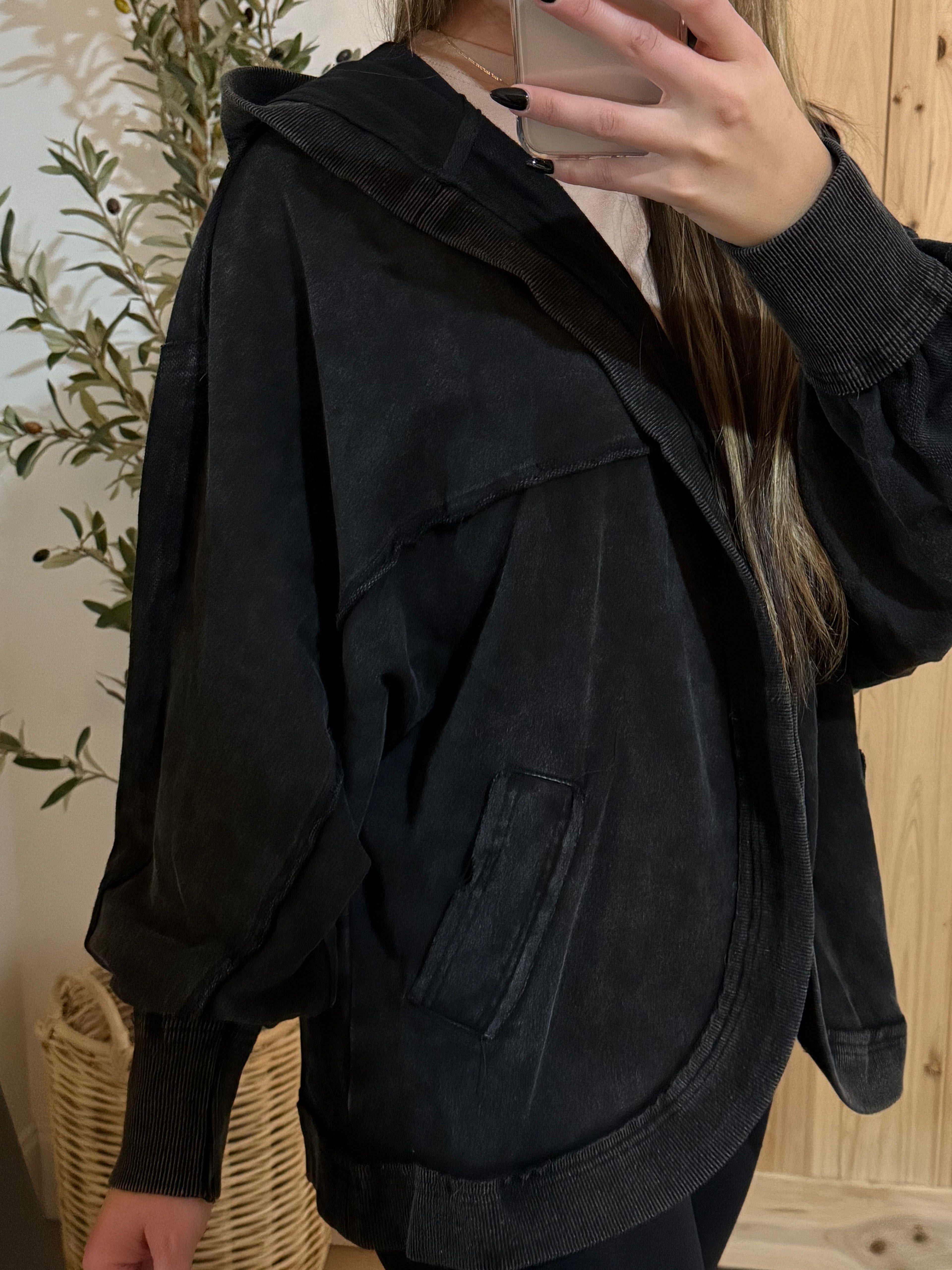 Washed Hoodie Cardigan / Black