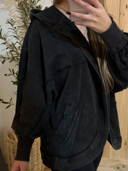 Washed Hoodie Cardigan / Black