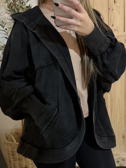 Washed Hoodie Cardigan / Black
